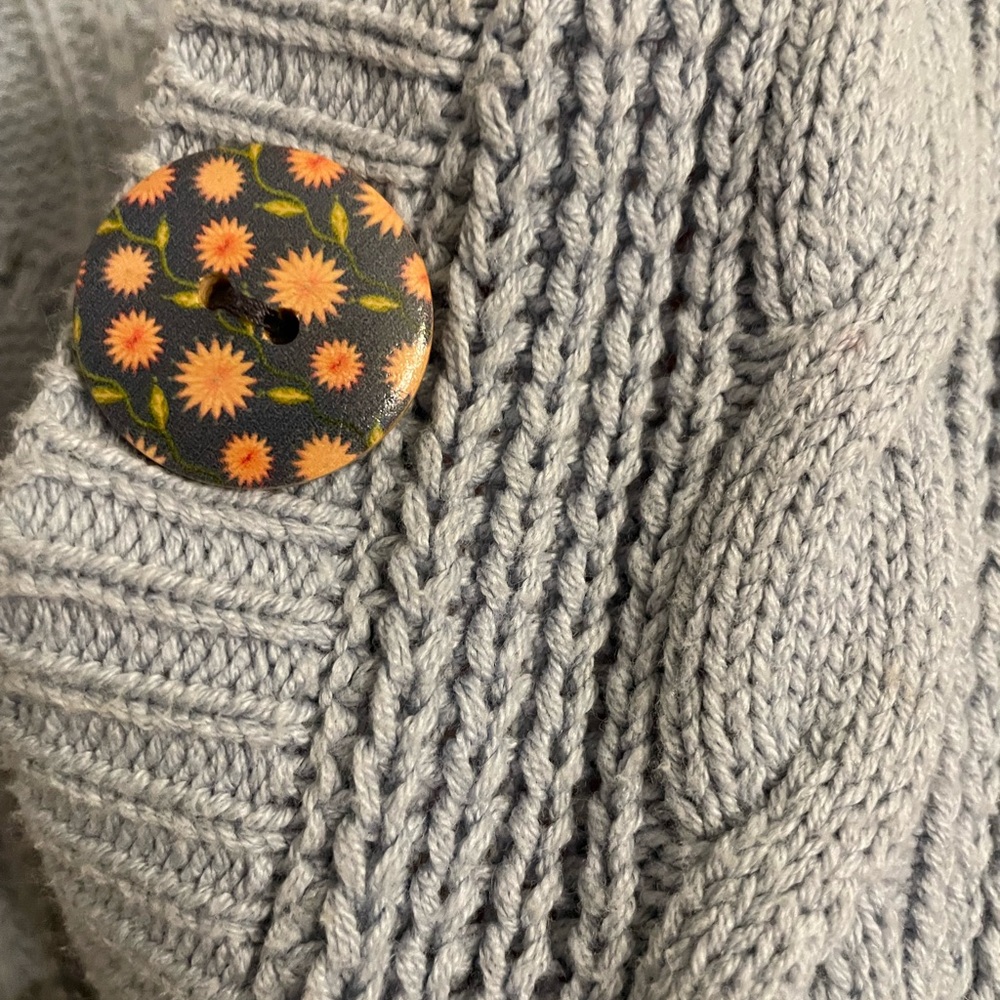 Blue Cable Knit Cardigan with Floral Button